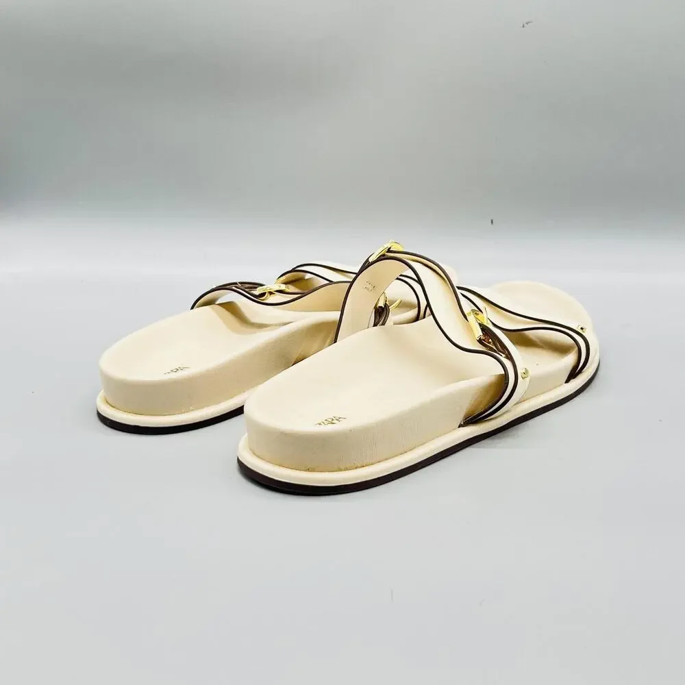 Zara Sandals Womens 9 Off White Synthetic Strappy Buckle Slide Flat Shoes